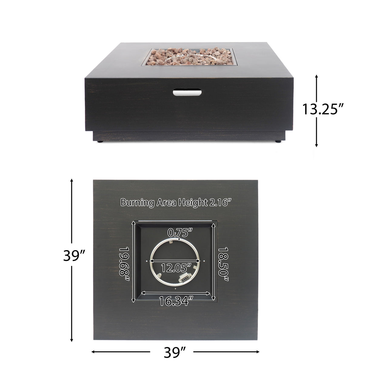 Modern Square Fire Pit Table Outdoor Heater Iron 50000 BTU 39x13in
