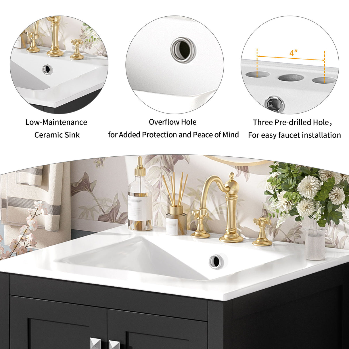 Bathroom Vanity With Integrated Undermount Ceramic Sink, 2 Doors And 1 Drawer, Soft Close Hinges