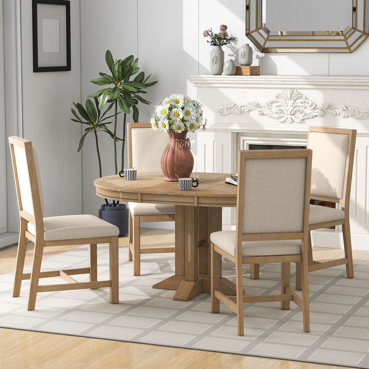 Dining Set & Extendable Round Table And 4 Upholstered Chairs