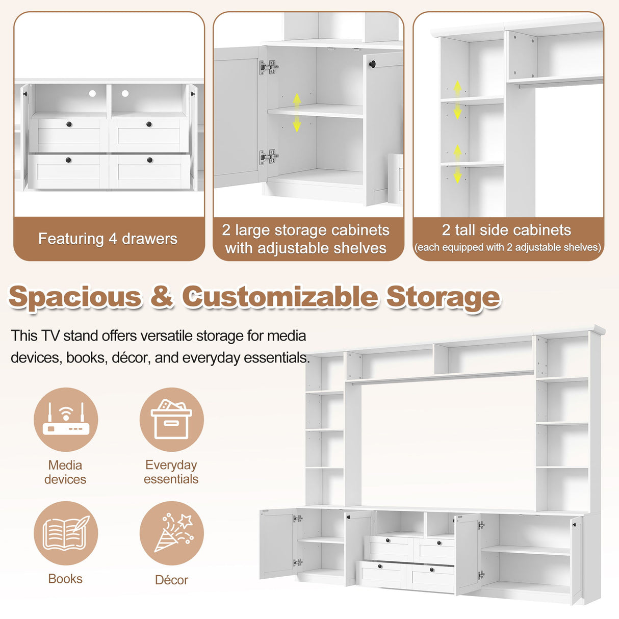 Farmhouse Elegant Entertainment Center Wall Unit With 4 Drawers