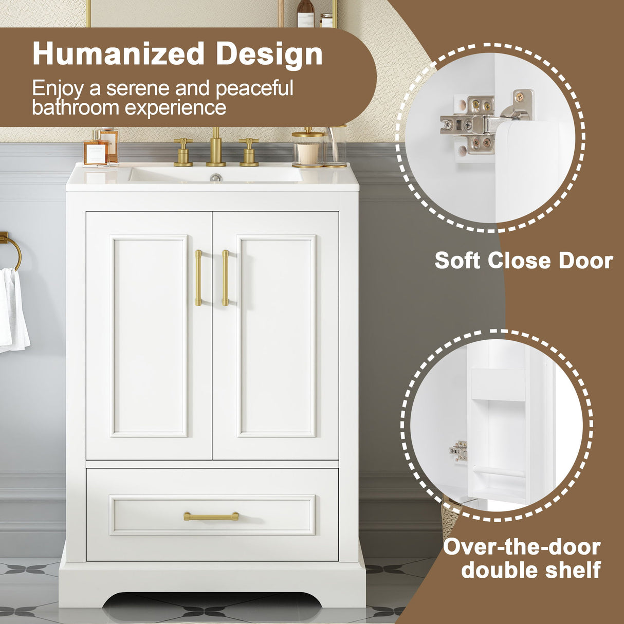 Bathroom Vanity With Sink, 1 Divided Drawer And 2 Soft Close Doors With Double Shelf