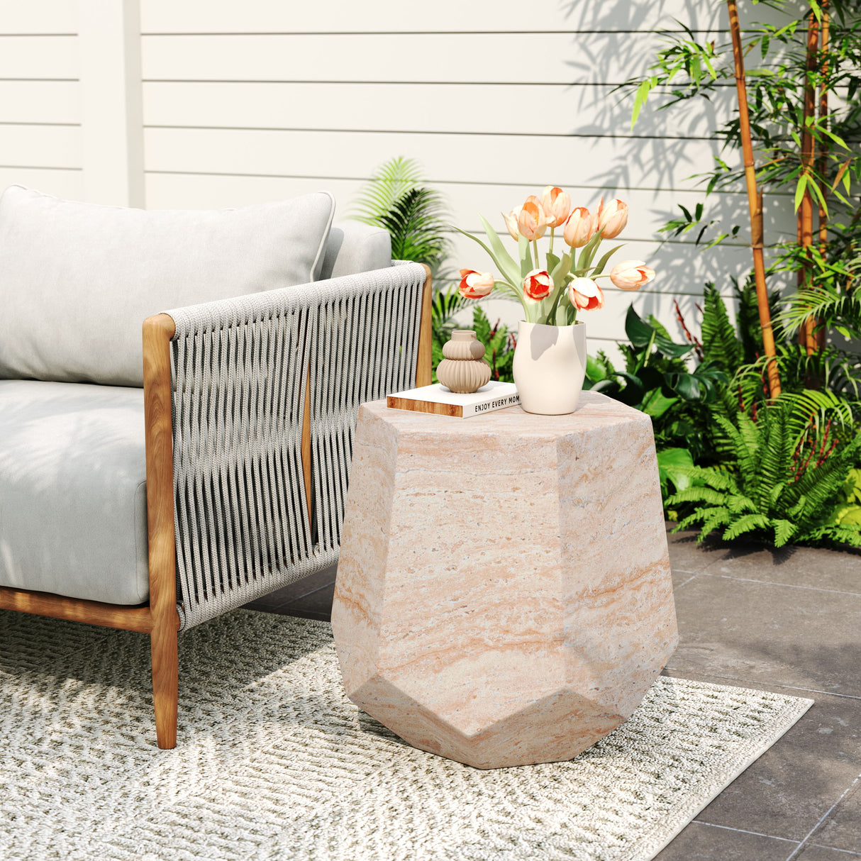 Outdoor / Indoor Lightweight Concrete Side Table, Hexagonal Round Travertine Accent Table - Beige
