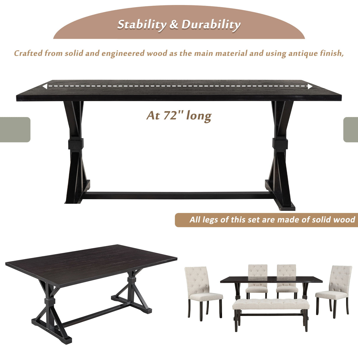 6 Piece Dining Table Set With Rectangular Wood Table, 4 Upholstered Chairs, Bench