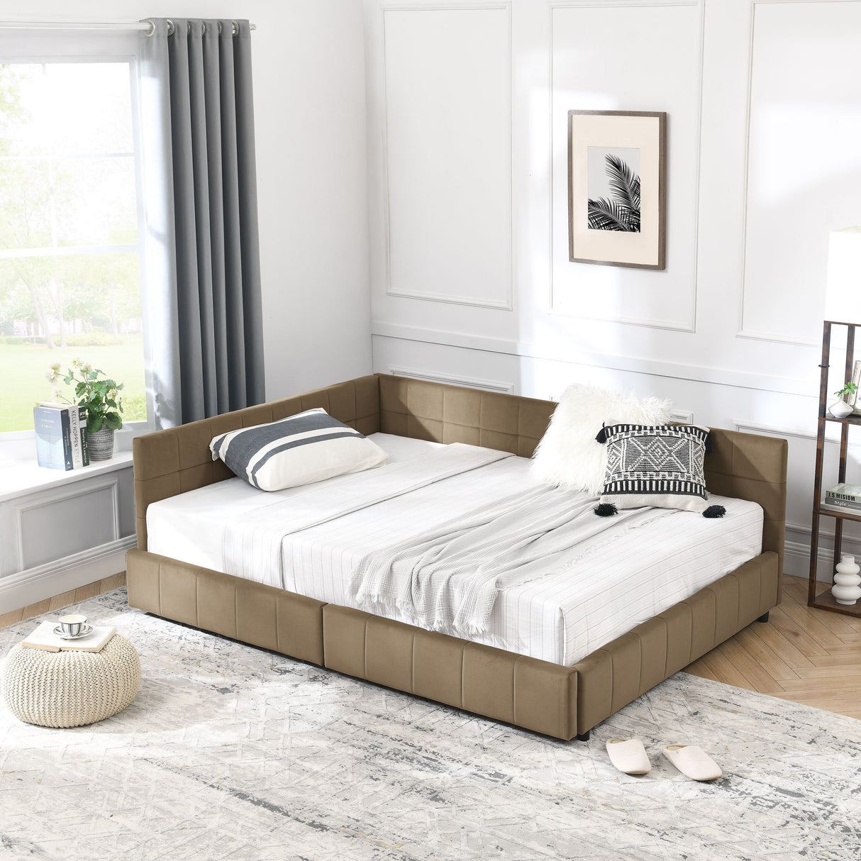 Storage Upholstered Tufted Bed Frame With Backrest And Armrests
