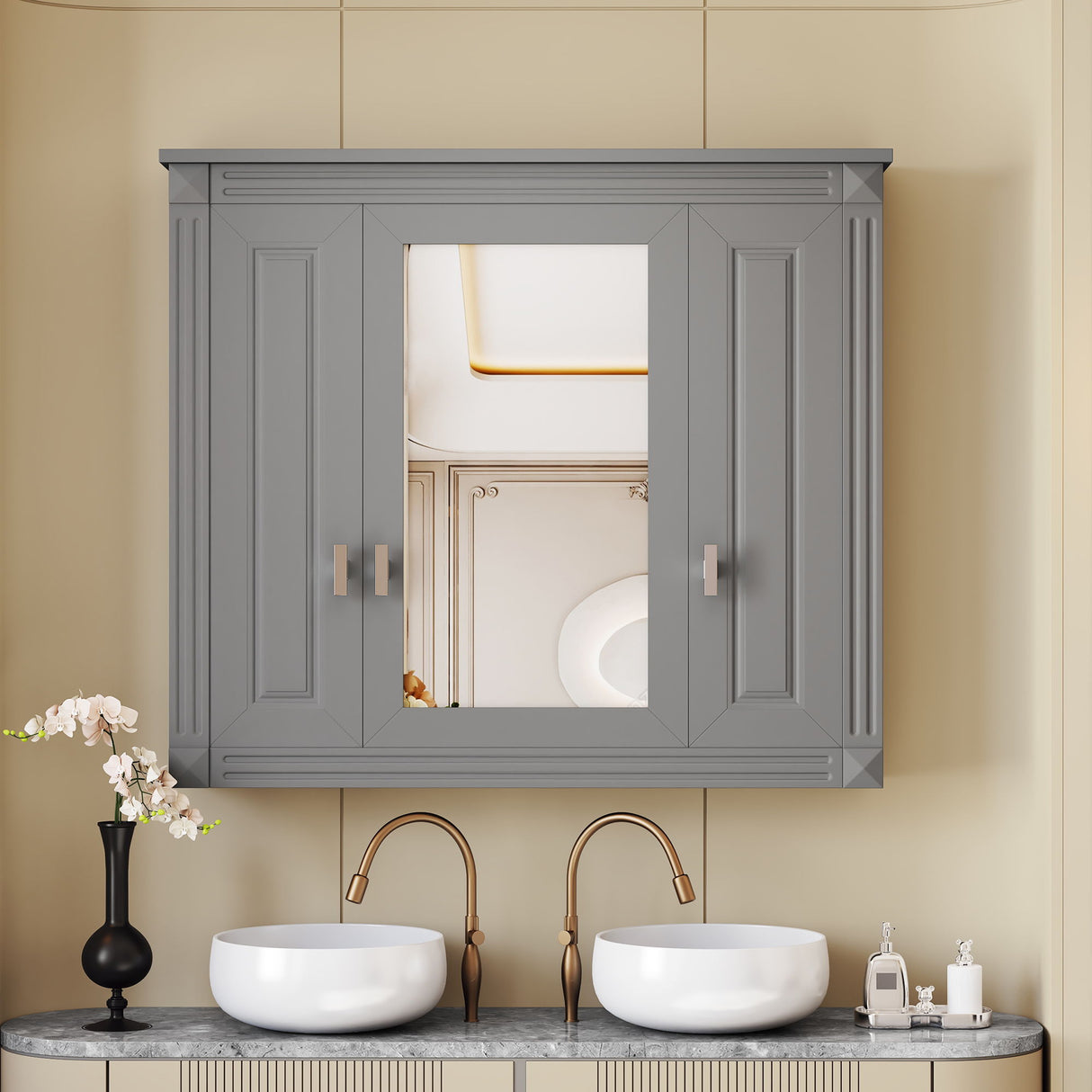 Wall Mounted Bathroom Cabinet With Mirror And 5 Shelves, Rectangular Design
