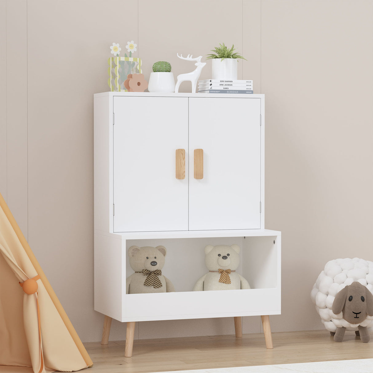 Toy Storage Cabinet With Doors And Open Shelf, Toddler Bookshelf For Playroom - White