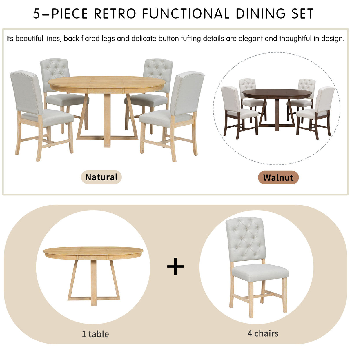 Dining Set With Leaf Round Table And 4 Upholstered Chairs