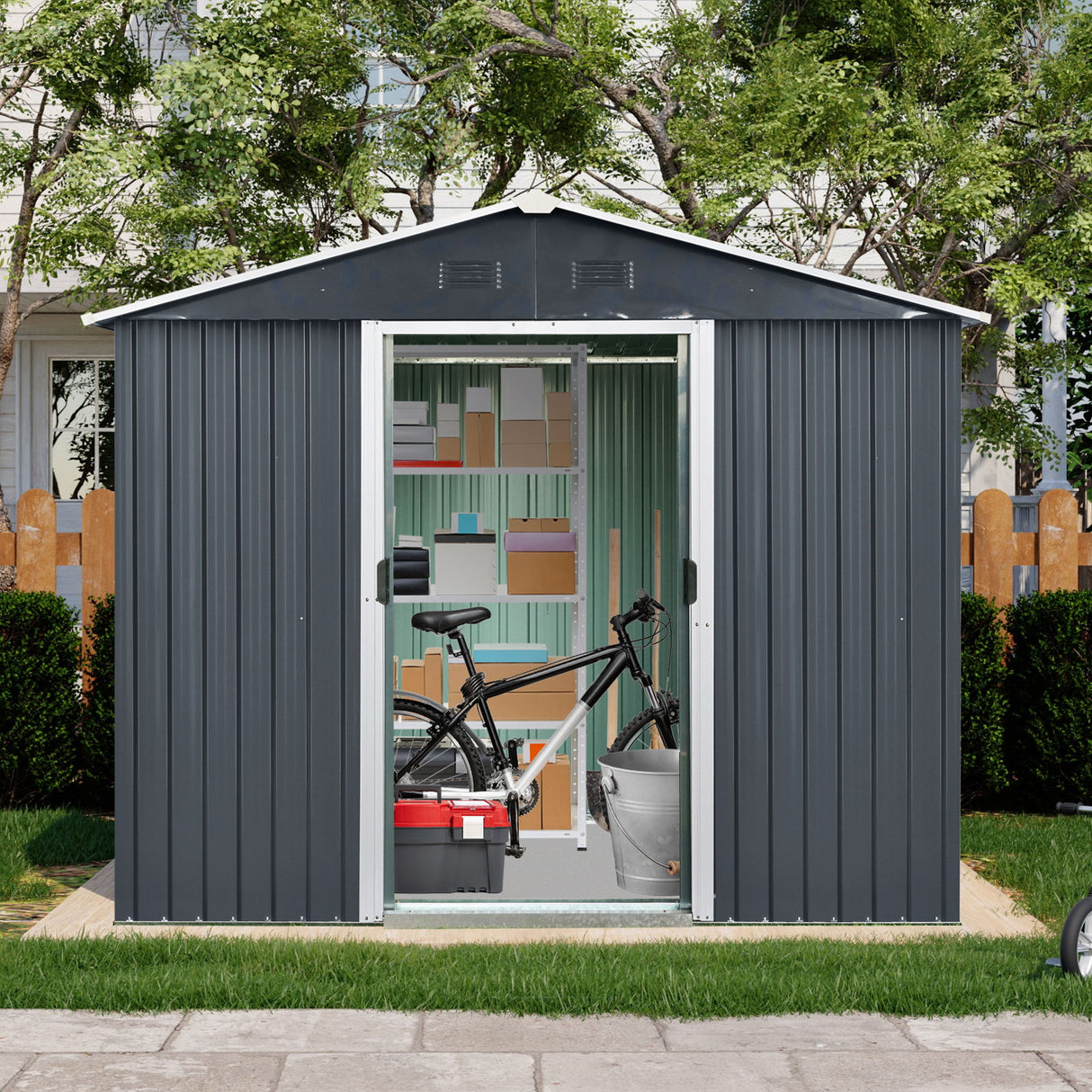 Outdoor Metal Storage Shed Garden Building with Sliding Door 8x4ft