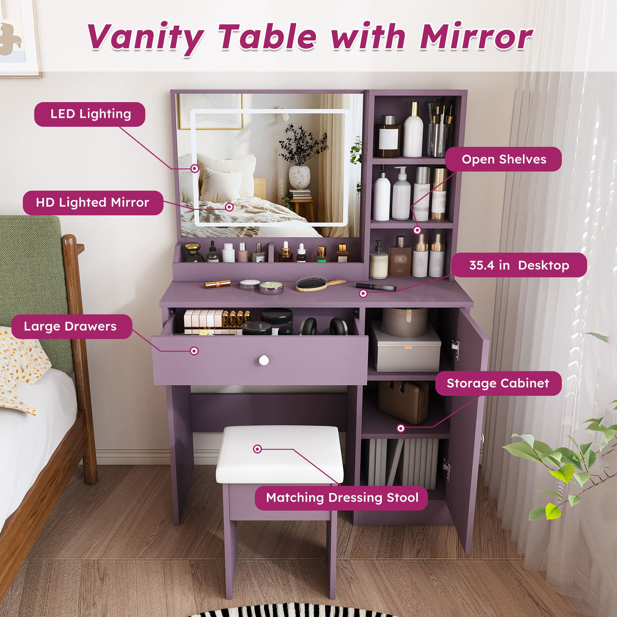 Vanity Desk Set With Padded Stool & Adjustable LED Mirror, 3 Color Mode Lighting, Compact For Bedroom - Purple