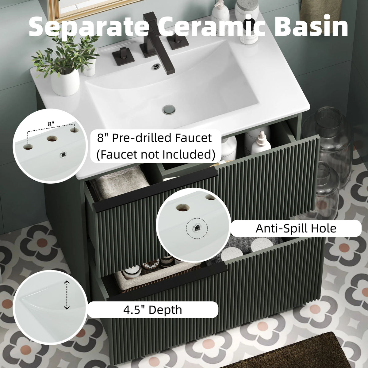 Fluted Bathroom Vanity With Ceramic Sink, Soft Close Slides