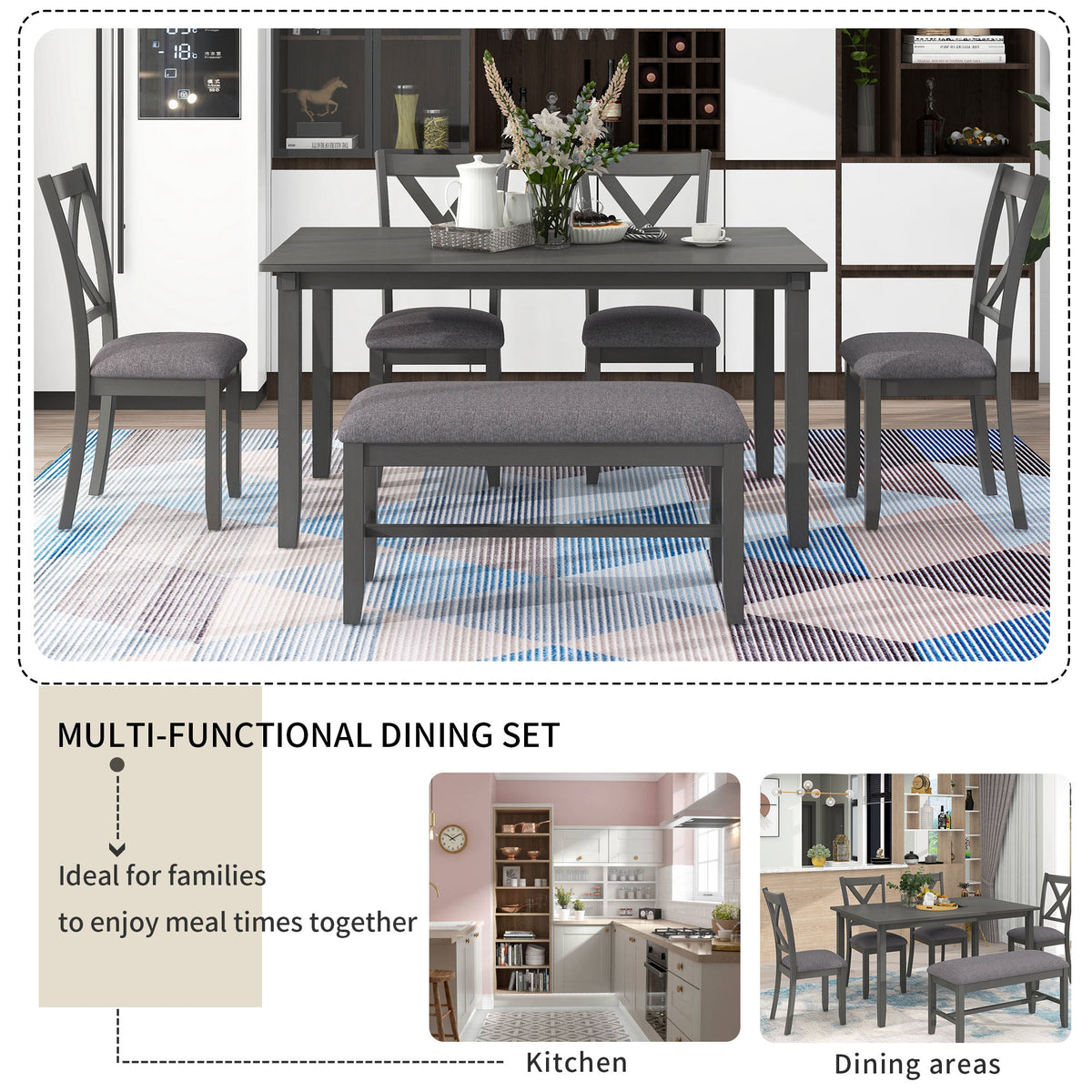 6 Piece Rectangular Dining Table Set With 4 Chairs And Bench