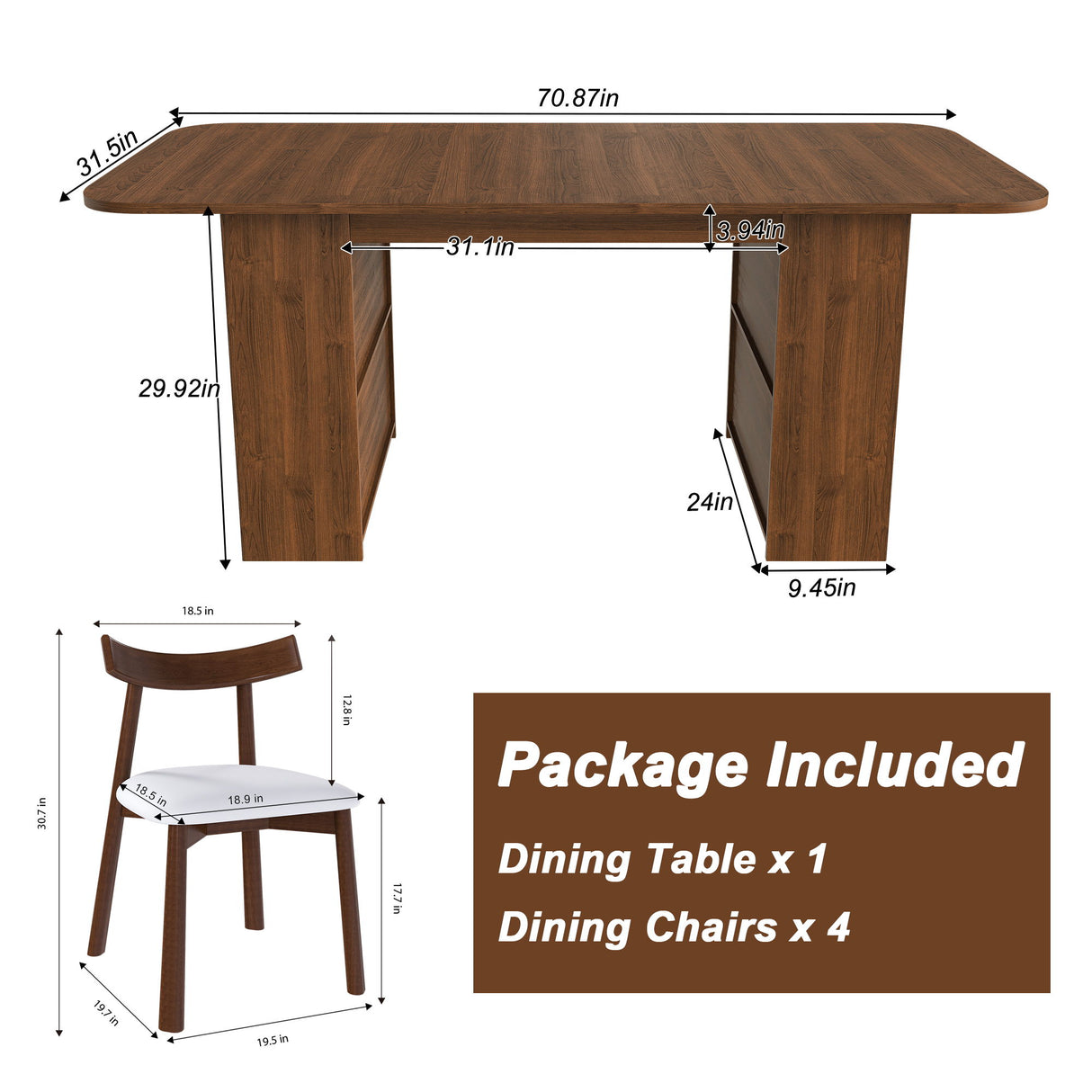 Dining Set With 4 Chairs, Table With Drawers & Open Shelf - Walnut