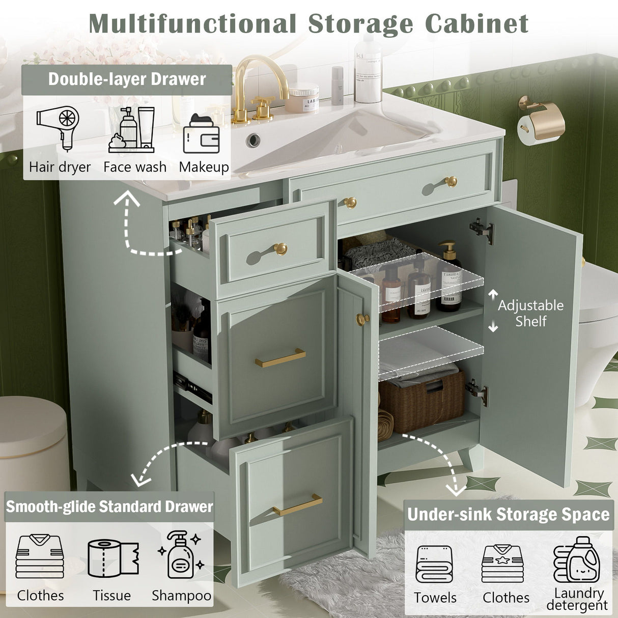 Bathroom Vanity With Sink, Soft Close Doors, Adjustable Shelves