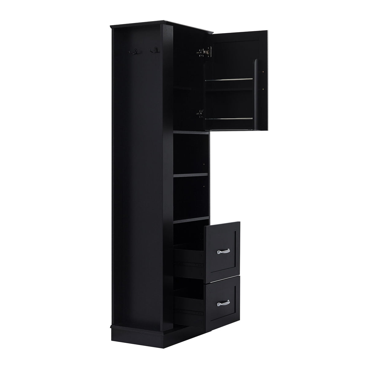 Freestanding Bathroom Storage Cabinet With Adjustable Shelves And Side Hooks Board, Rectangle Design