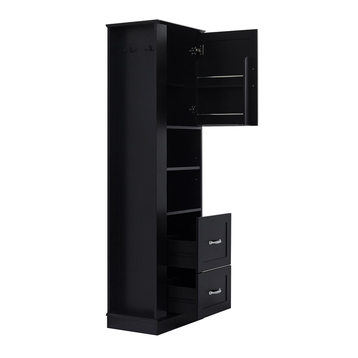 Freestanding Bathroom Storage Cabinet With Adjustable Shelves And Side Hooks Board, Rectangle Design