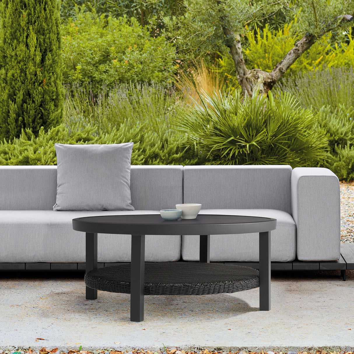 Cayman - Black Aluminum Outdoor Round Conversation Table With Wicker Shelf