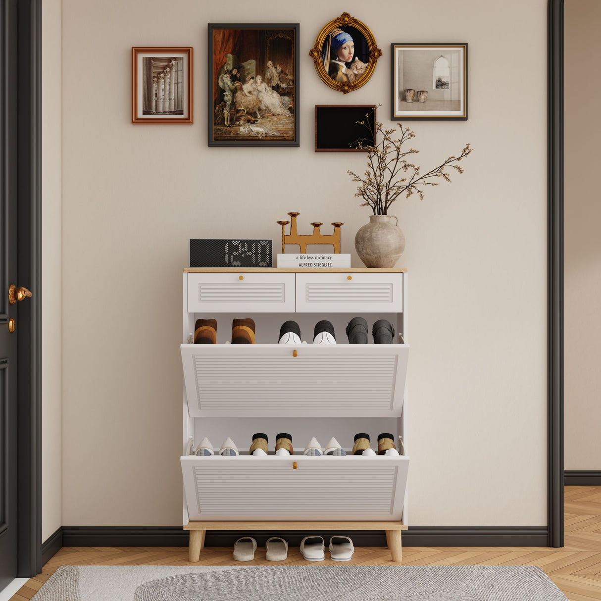 Modern Freestanding Shoe Cabinet With Flip Up Doors And Drawers, Compact Design For Entryway - White Natural