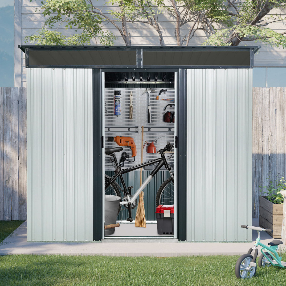 Outdoor Metal Storage Shed Garden Building with Window in Galvanized Steel