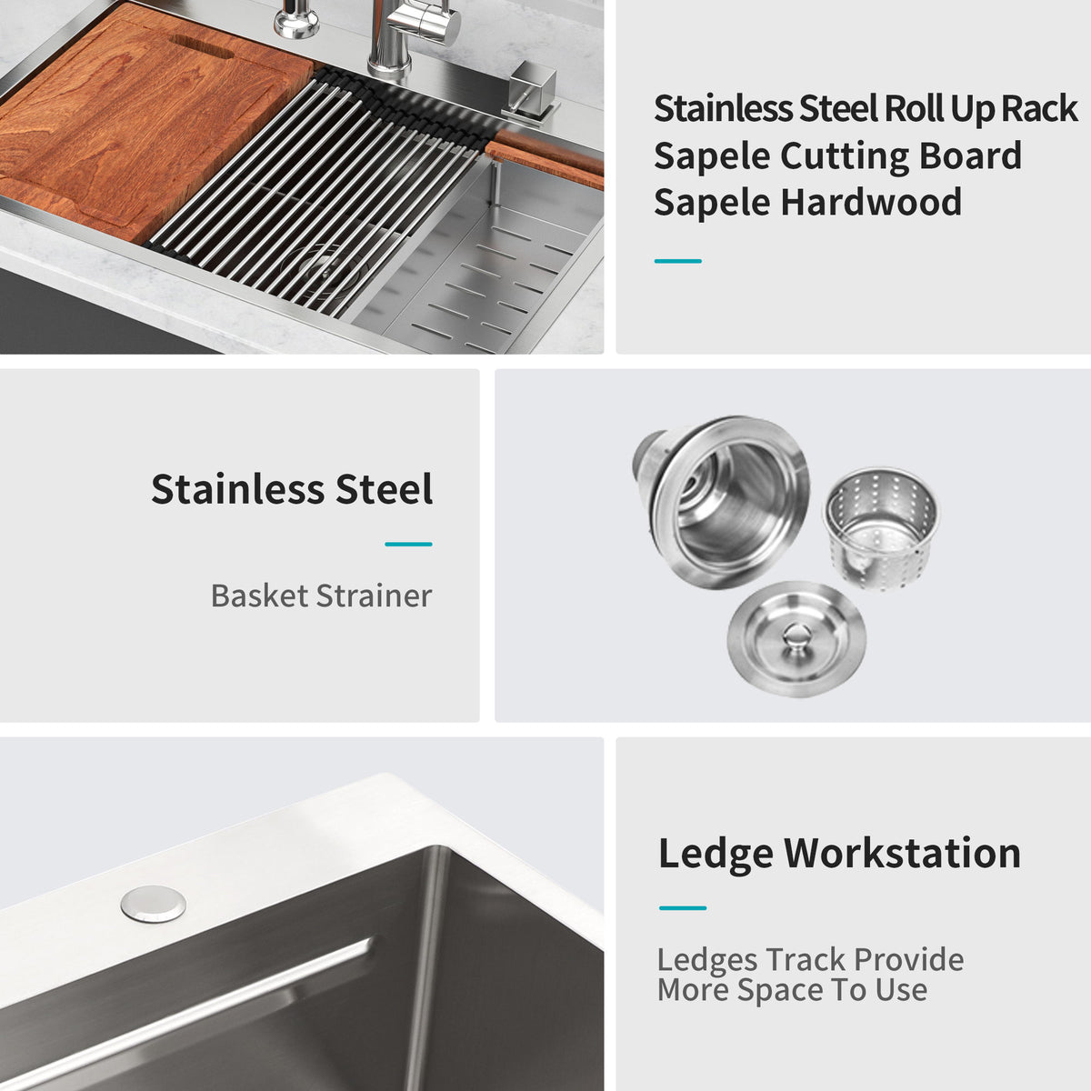 33" Drop In Kitchen Sink With Ledge Workstation, Single Bowl, 16 Gauge Stainless Steel - Brushed Nickel