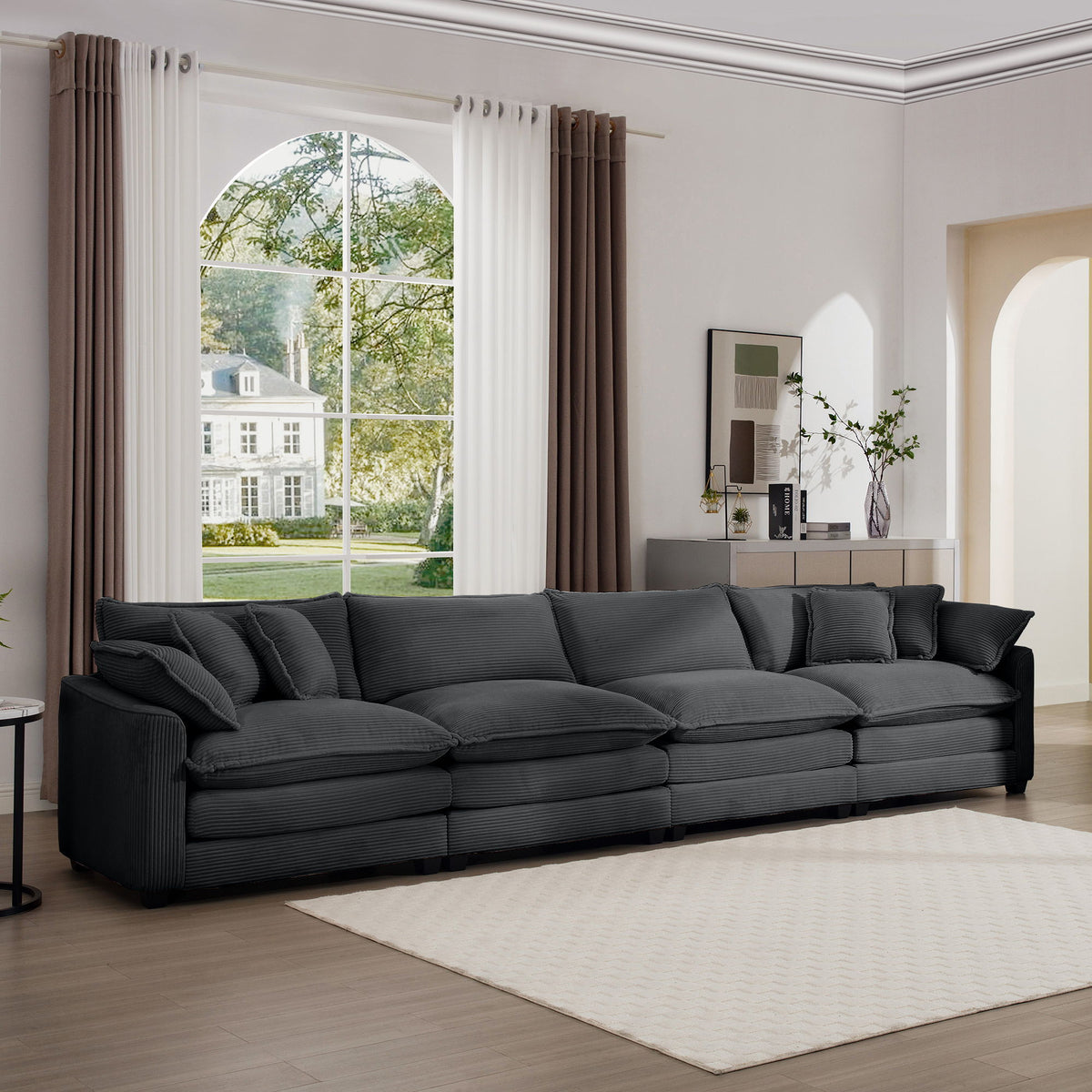 Modern Upholstered 4 Seater Corduroy Fabric Sofa With Arm And Throw Pillows - Gray