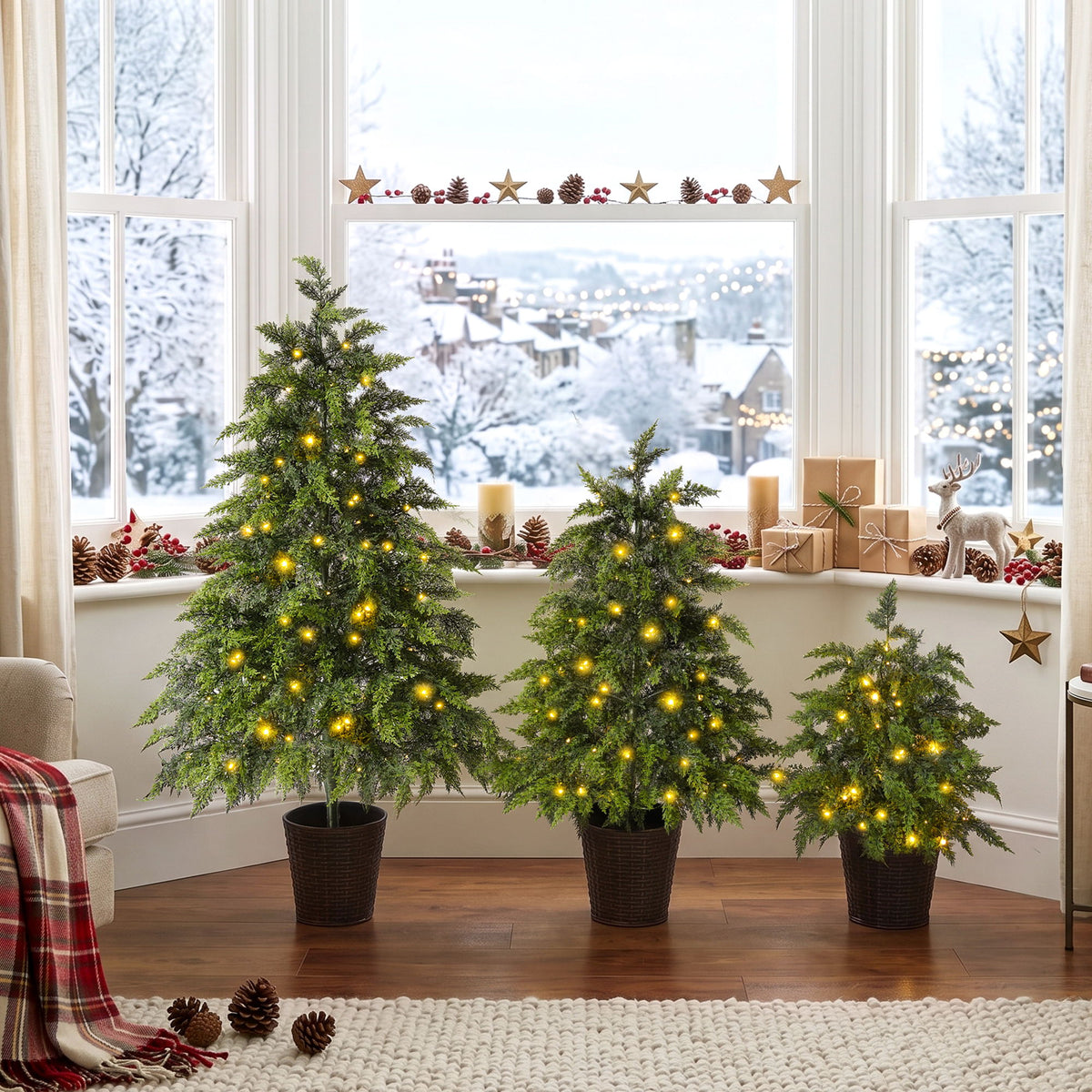 3 Piece Pre Lit Christmas Tree Set With Warm Glowing LED Lights, Sturdy Potted Base, Full Cascading Branches - Green