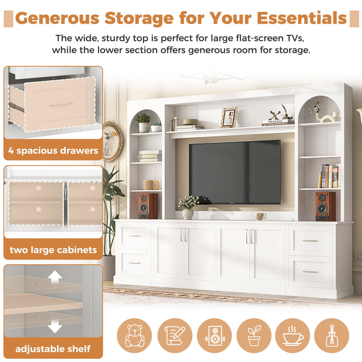 Arched Entertainment Center Wall Unit With Drawers, TV Stand