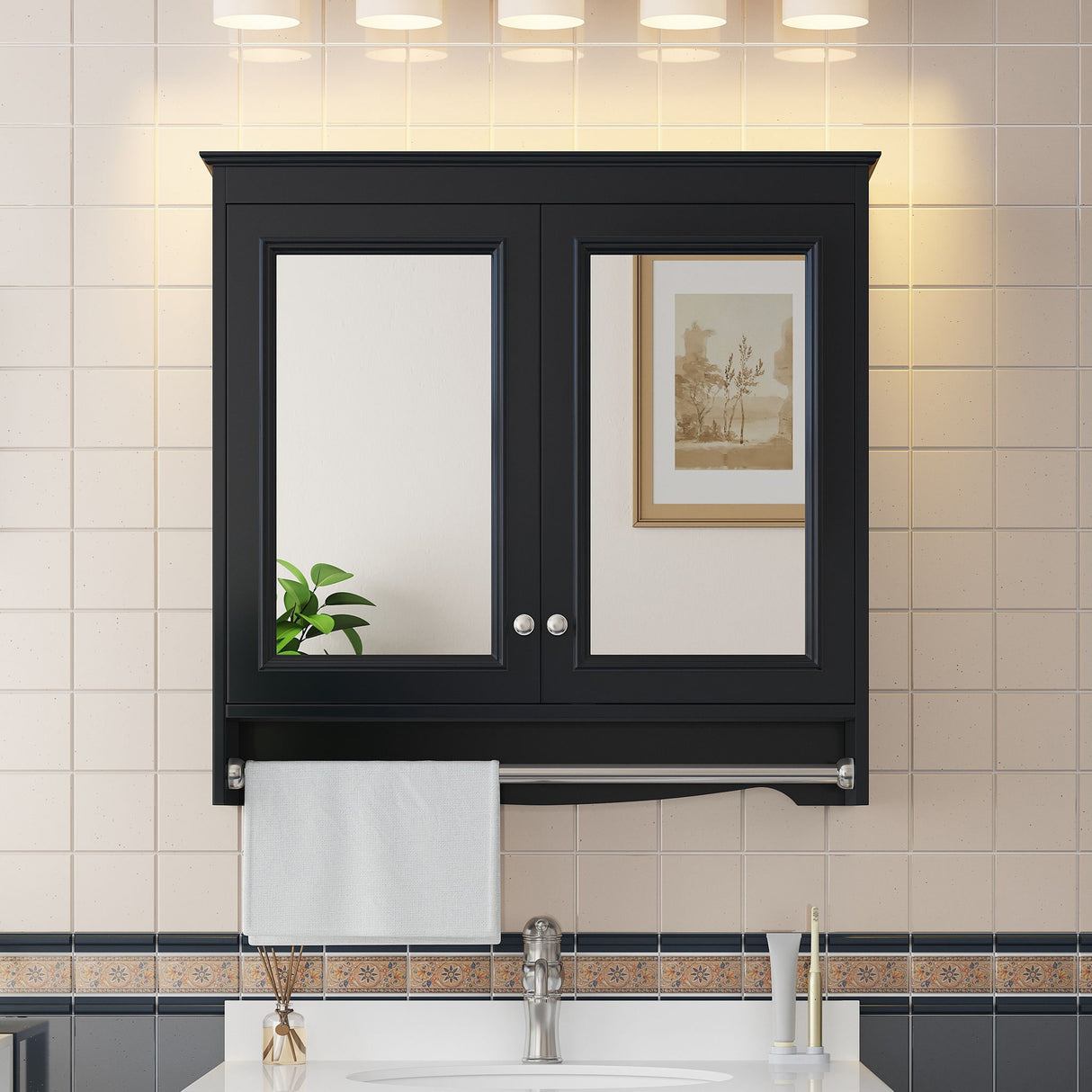 Wall Mounted Mirror Cabinet With Adjustable Shelves, Soft Close Doors, High Definition Mirror - Black