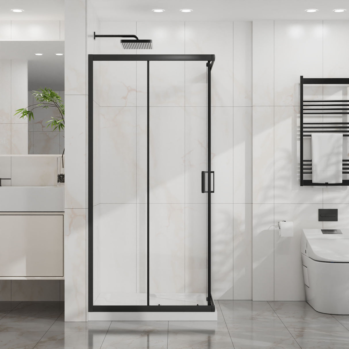 Corner Shower Enclosure, Double Sliding Door & Shower Base - Matte Black