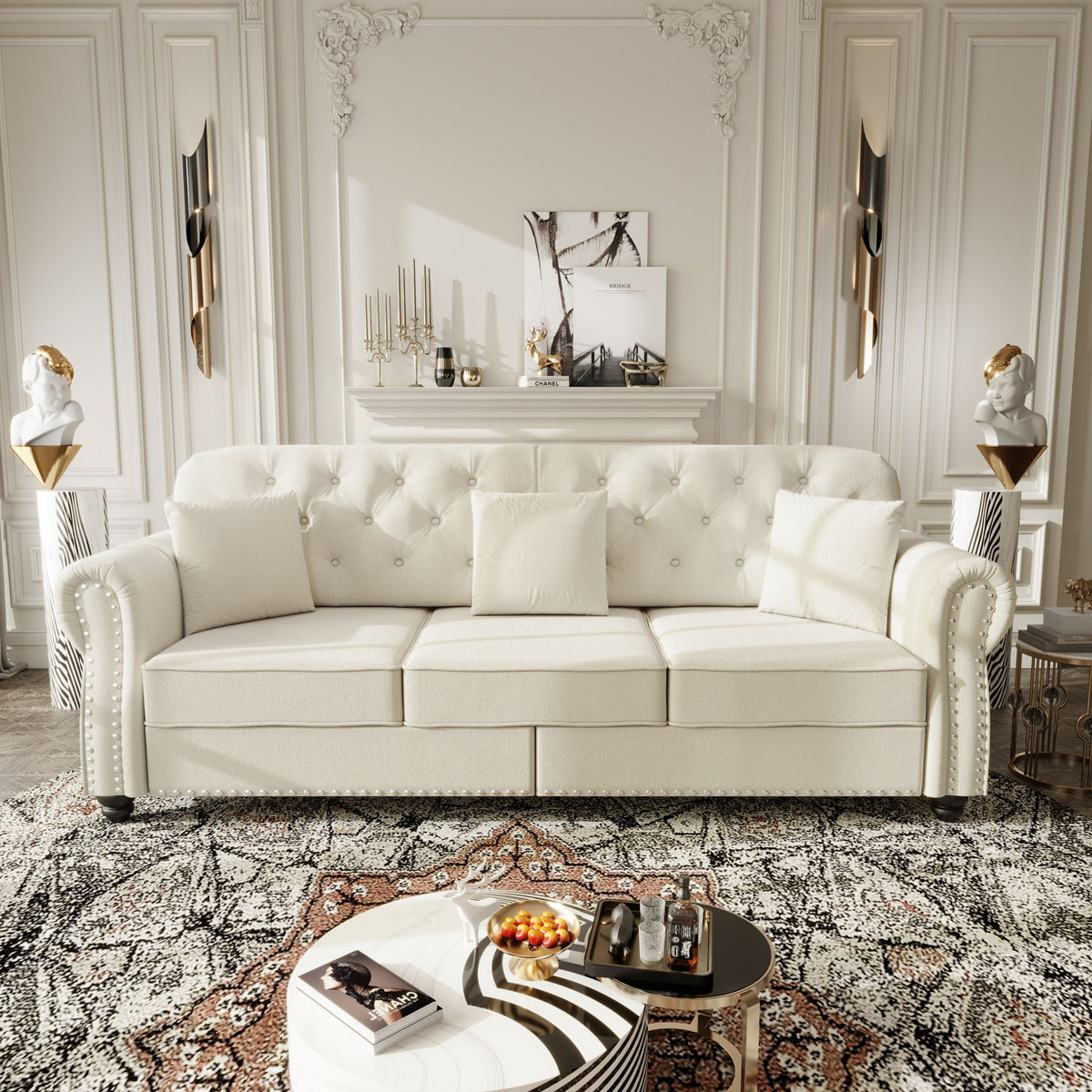Upholstered 3 Seater Sofa Set With Ottoman