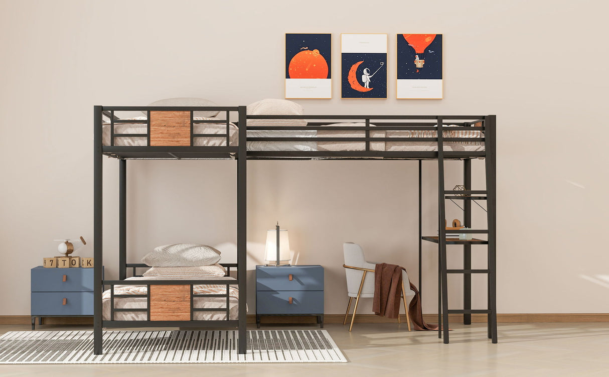 L-Shaped Twin Over Twin Bunk Bed With Twin Size Loft Bed With Desk And Shelf - Brown