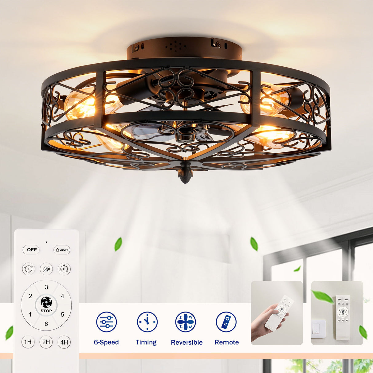 Mounting Type Ceiling Fan, Reversible Motor, DC Remote Control, 6 Speed Ceiling Fan - Matte Black