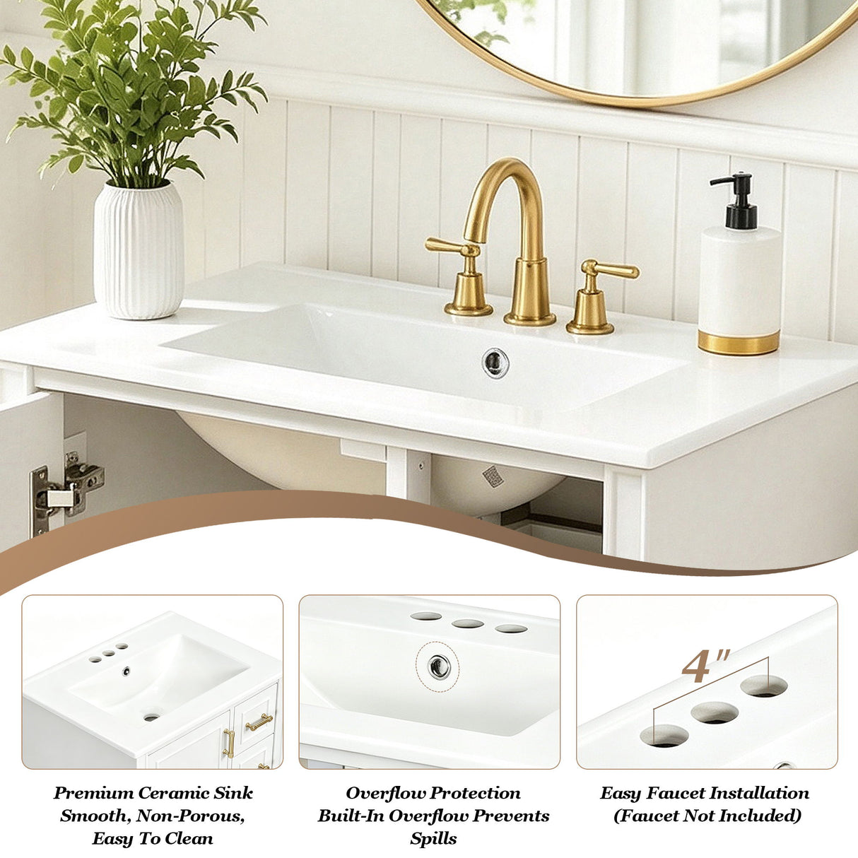 Modern Bathroom Vanity With Sink, Soft Close Doors, 3 Drawers