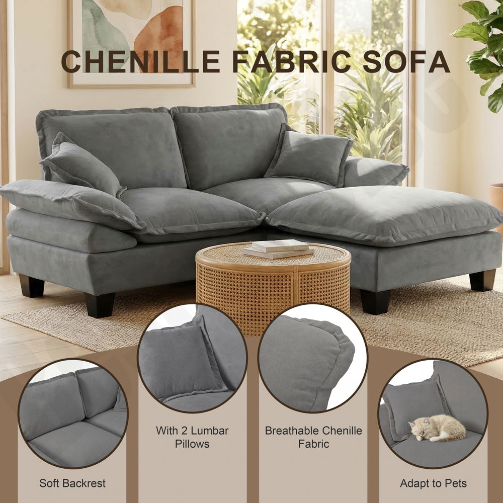 Modular Sectional Sofa With Movable Ottoman & Pillows