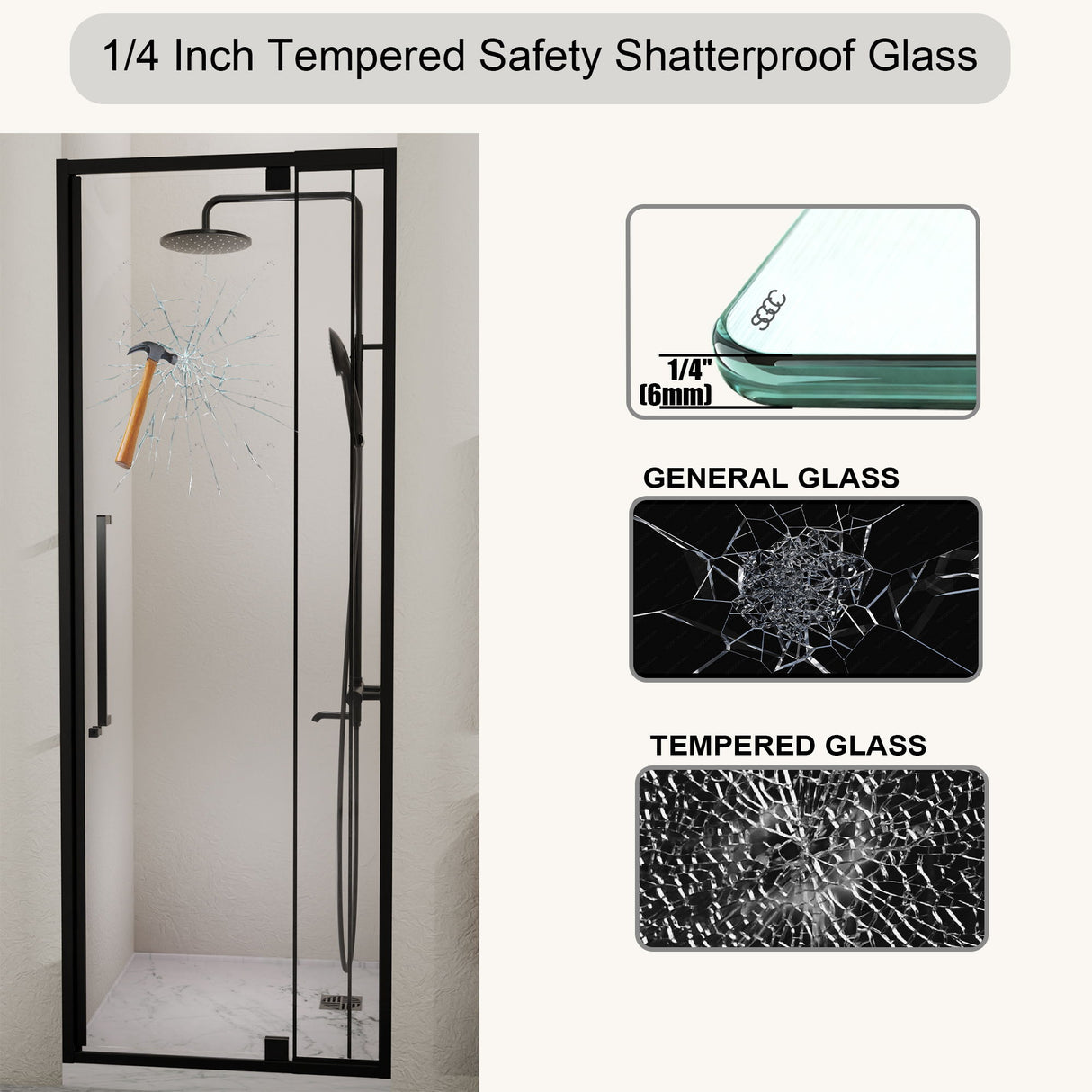 Semi Frameless Pivot Hinged Shower Door, Reversible Design