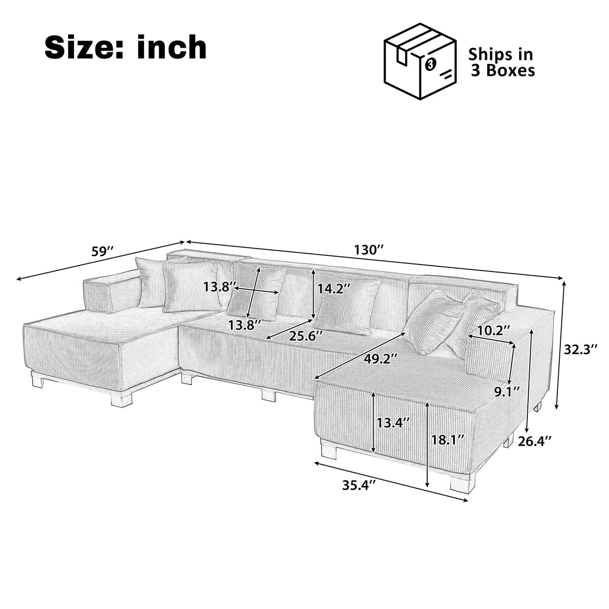 U-Shaped Sectional Sofa With RGB LED Light Strip And 6 Pillows