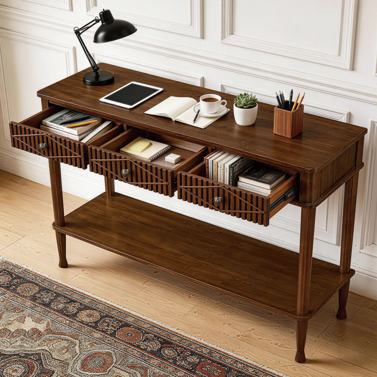 Console Table With Reeded Diamond Pattern Drawer Fronts, Open Storage Shelf For Living Room - Walnut