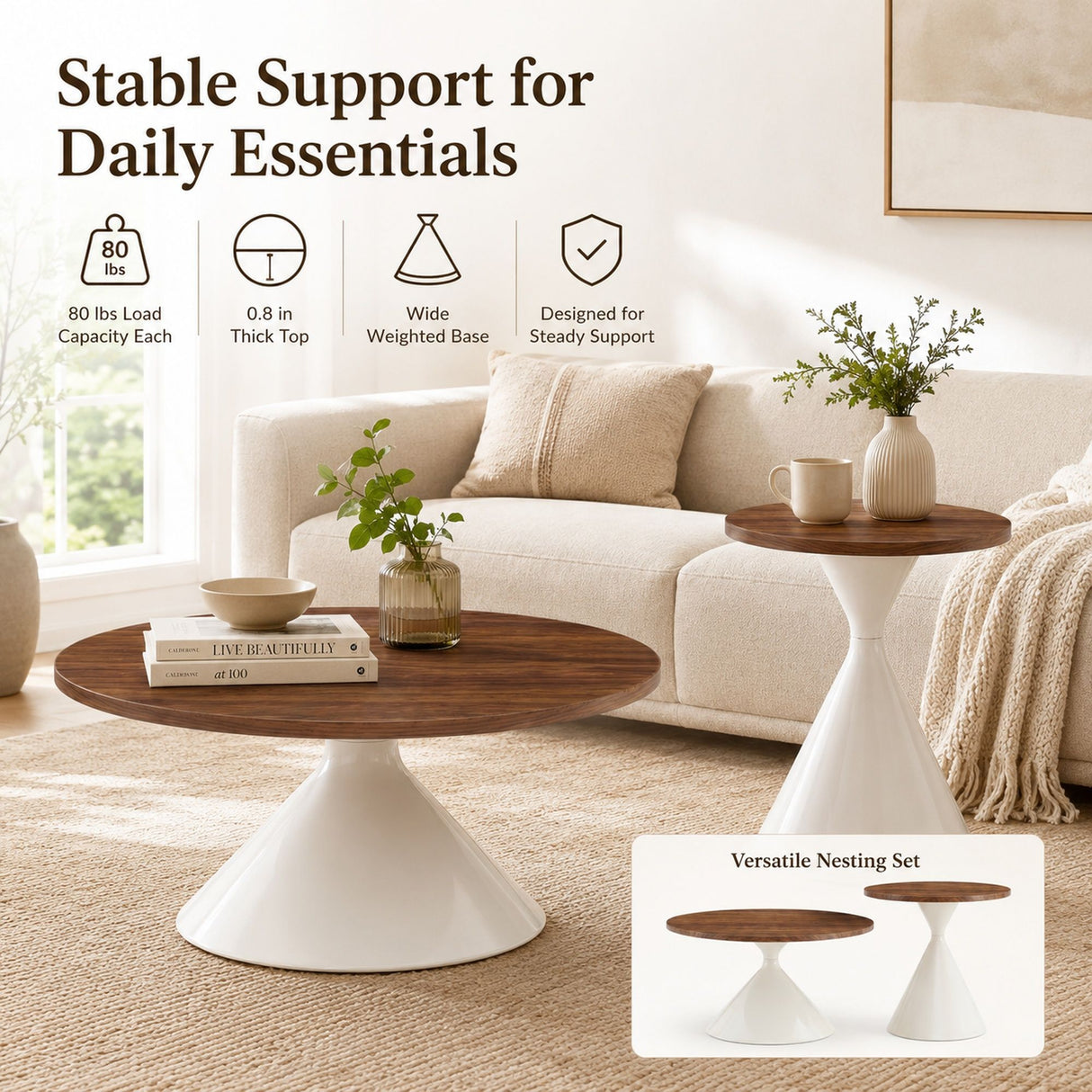 2 Piece Round Coffee Table Set - Walnut / White