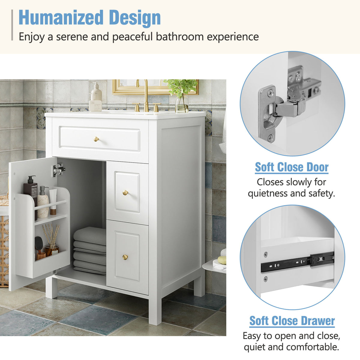 Elegant Bathroom Vanity With Ceramic Sink, Soft Close Doors And Drawers, Double Storage Racks