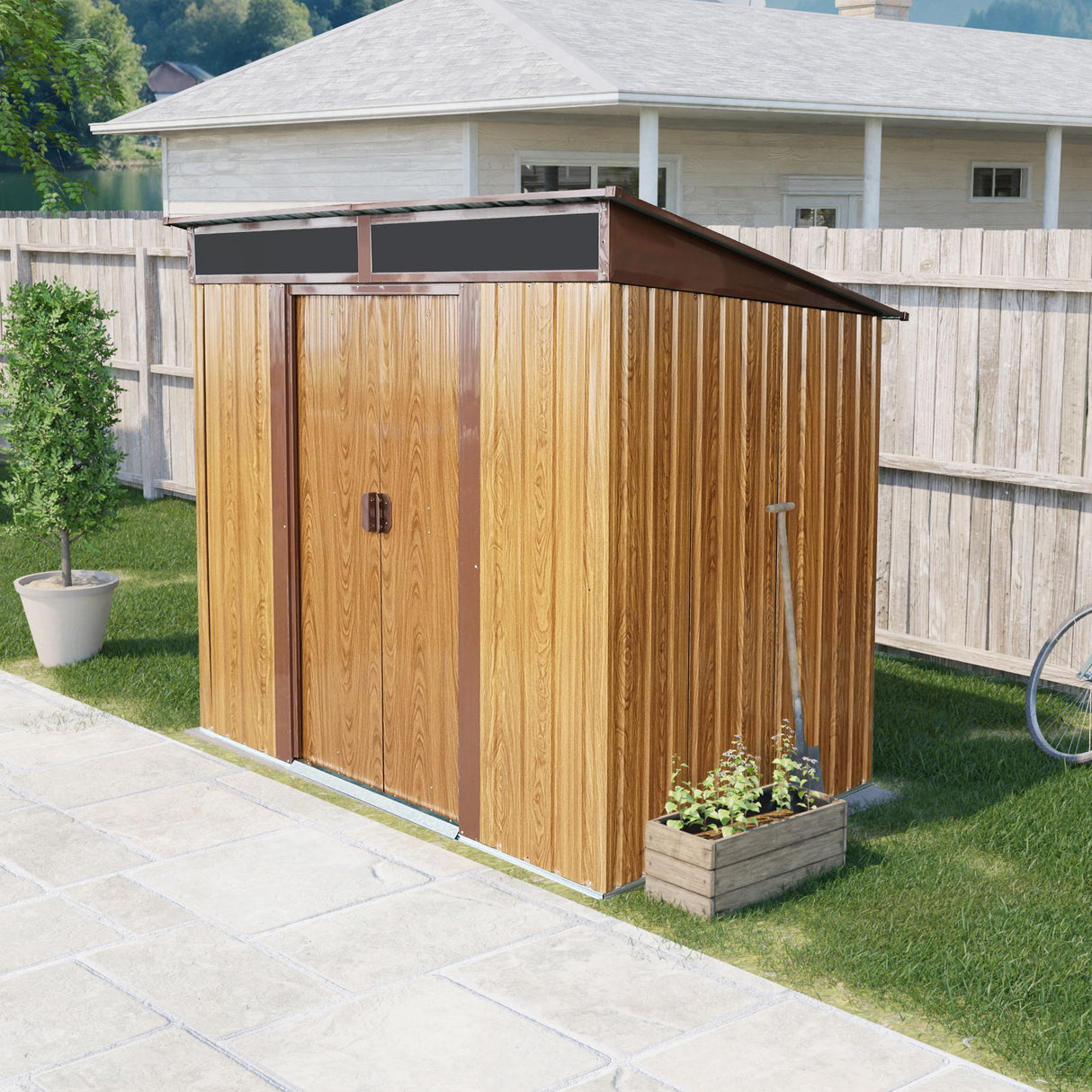 Outdoor Metal Storage Shed Garden Building with Sliding Doors and Foundation