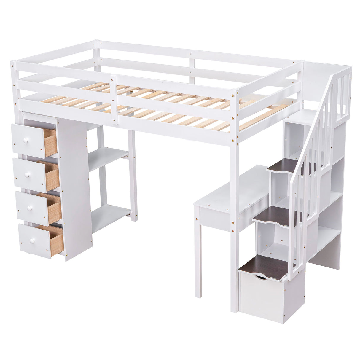 Loft Bed With Storage Drawers, Desk And Stairs With Shelves