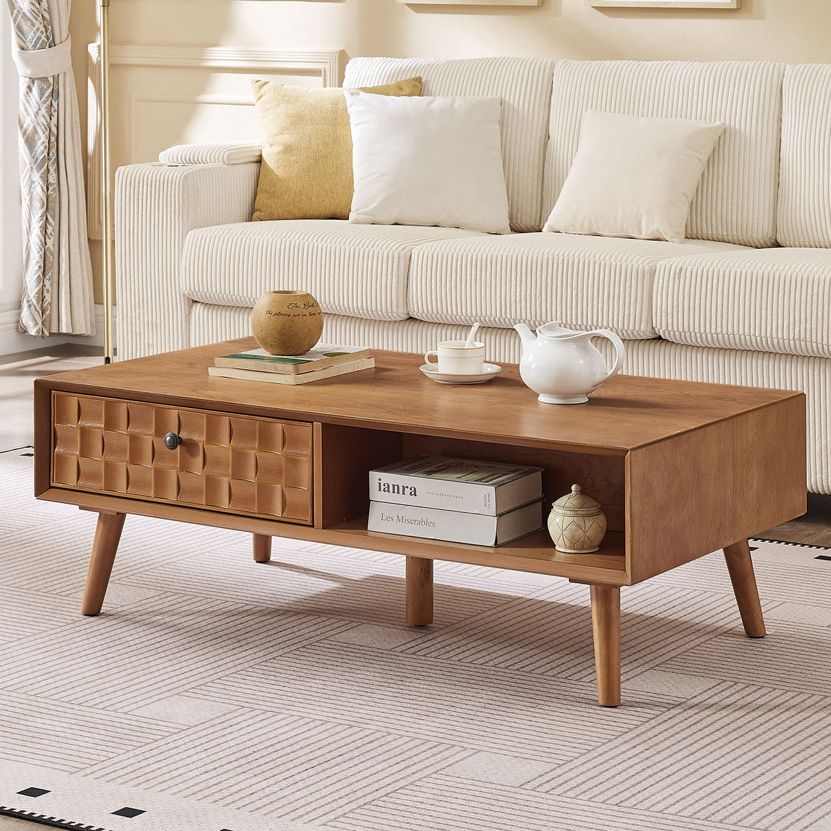 Coffee Table With Hidden Drawer And Open Shelf