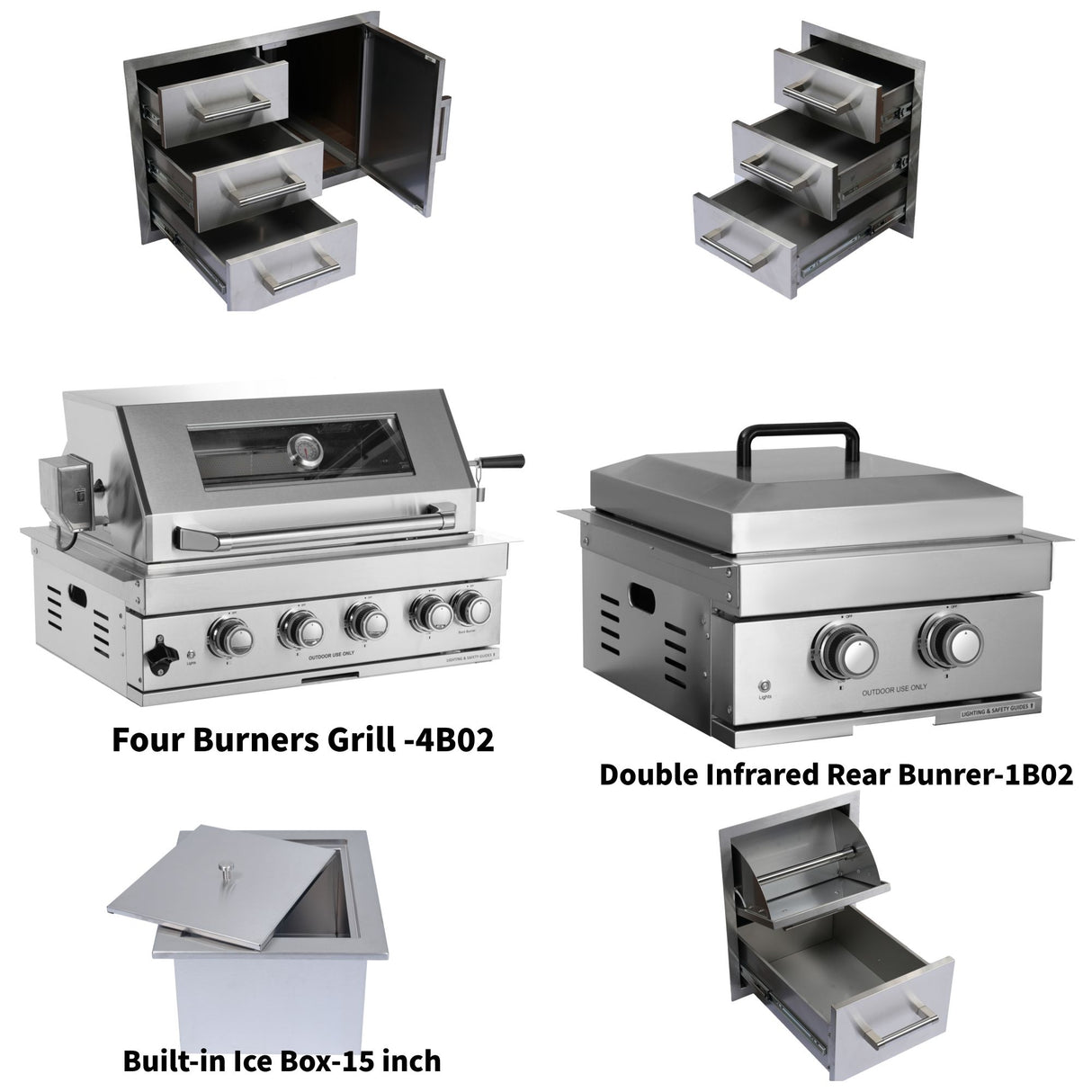 Built-In Outdoor Kitchen LPG Gas Grill 60000 Btu, Drop-In Ice Box With BBQ Tool Set - Silver