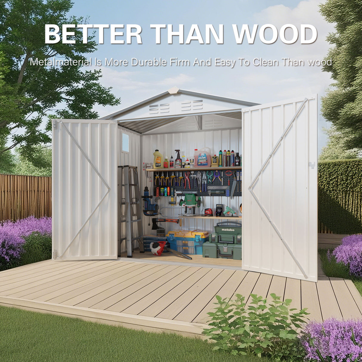 Garden Tool Shed Storage Building Waterproof Peaked Roof Metal White Gray