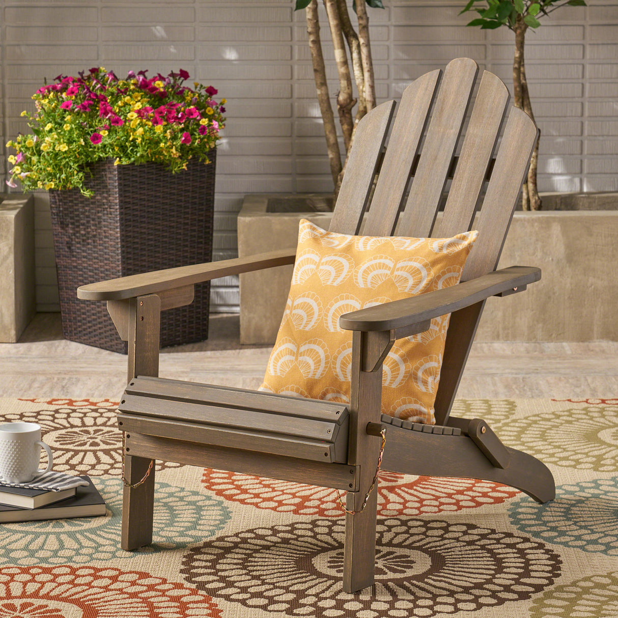 Outdoor Foldable Adirondack Chair With Hand Crafted Details - Gray