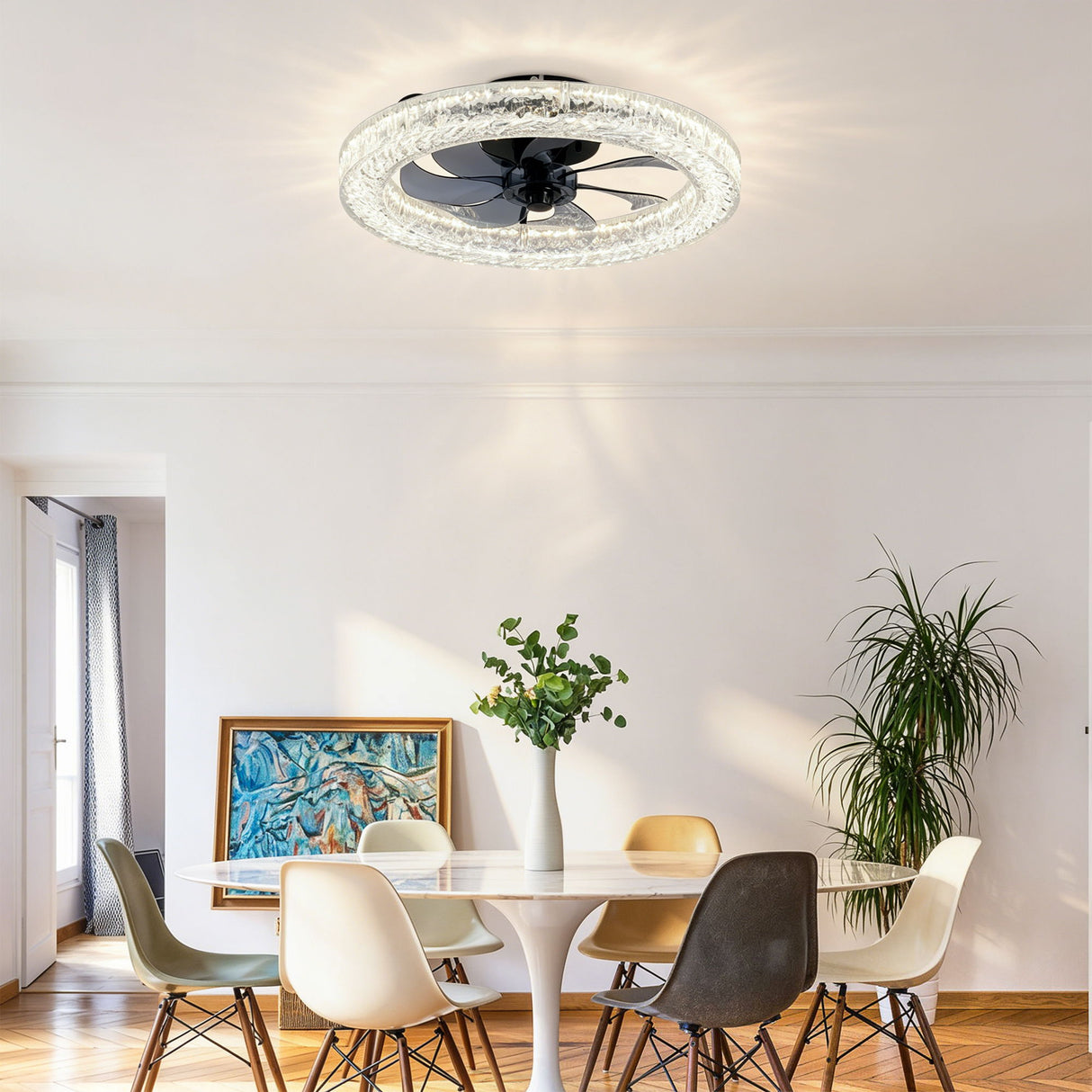 LED Light Source And Remote Control, 3000 - 6500K Dimmable Flush Mount LED Fan Light, 6 Speeds, Quiet DC Motor For Living Room - Matte Black