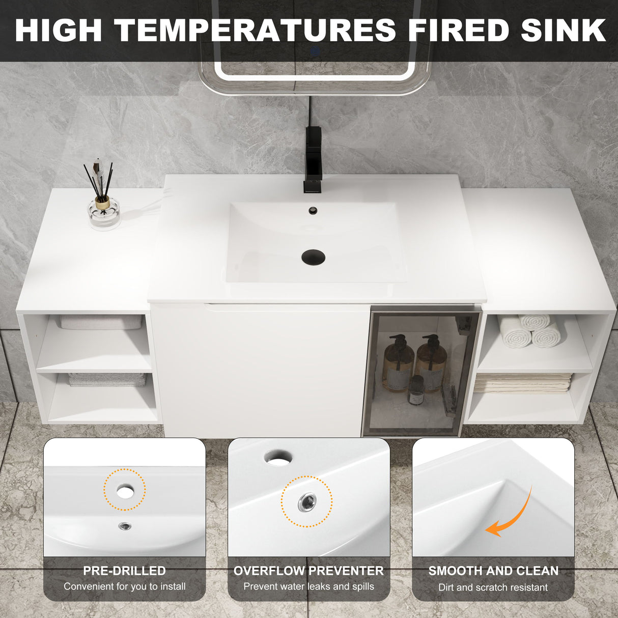 Wall Mounted Bathroom Vanity With Sink, Cabinet & Half Door