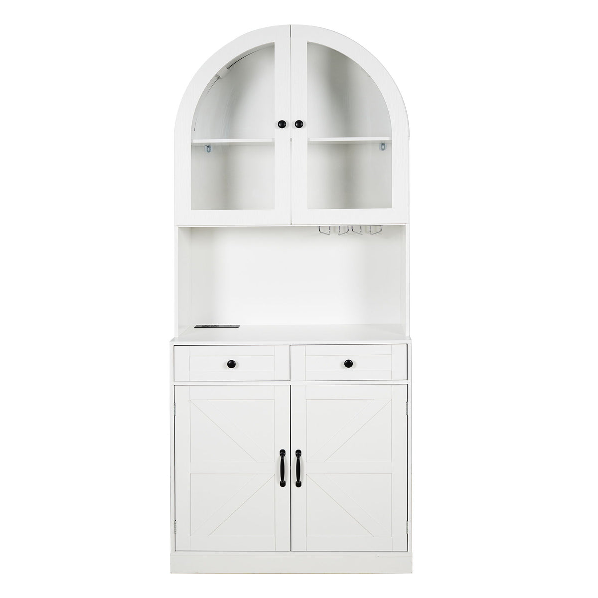 Tall Arched Pantry Cabinet With Charging Station, Adjustable Shelves, Coffee Bar With Open Countertop For Kitchen - White