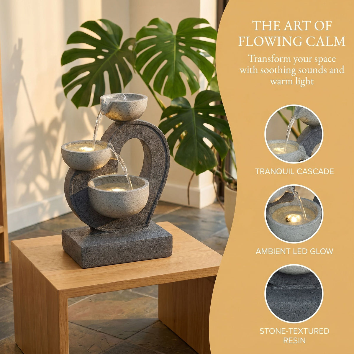 3 Tier Outdoor Water Fountain With Warm LED Lights, Stone Textured Cascading Design For Patio - Gray