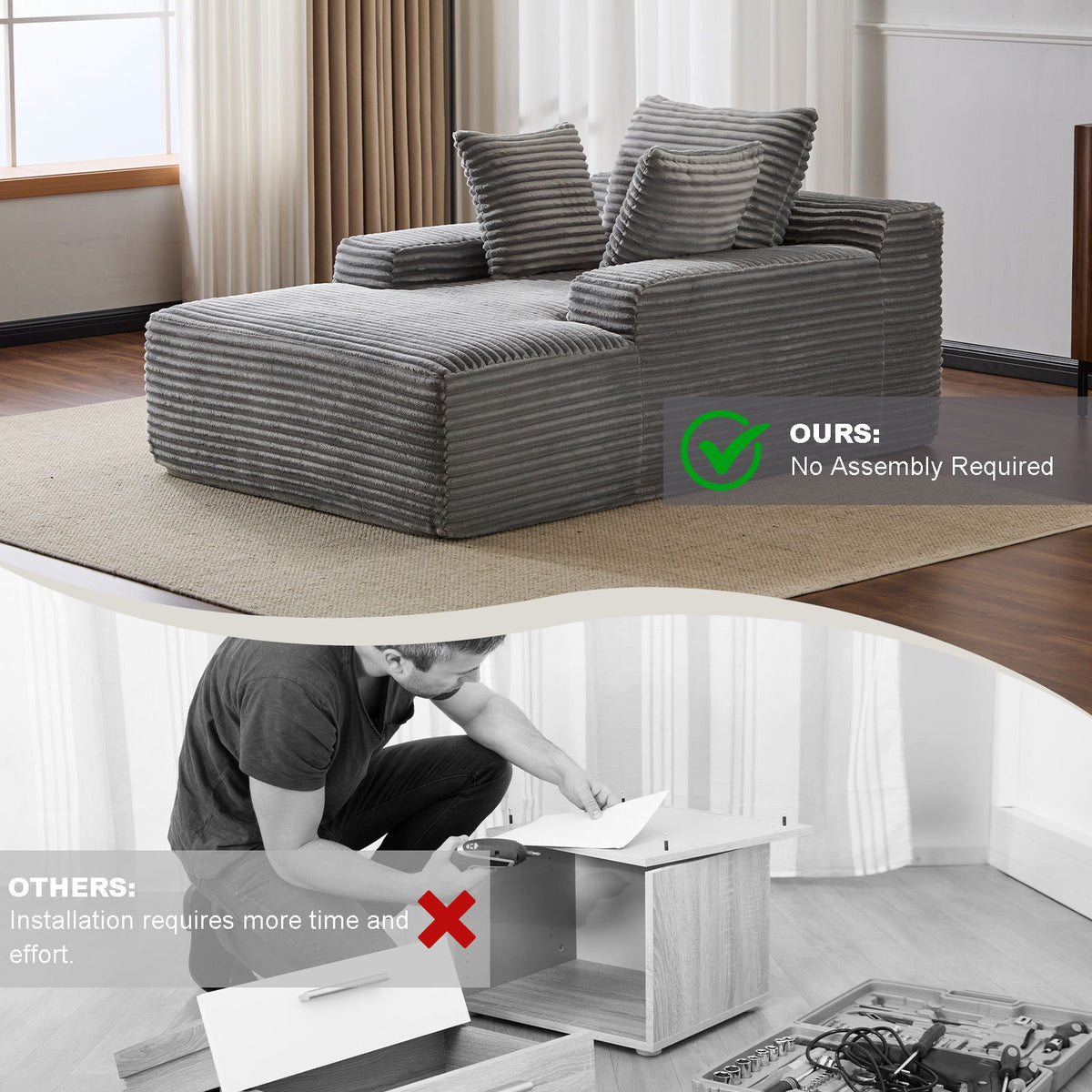 Oversized Chaise Lounge Chair Cozy Cloud Couch, Plush Corduroy Upholstered Sleeper Sofa Daybed With 3 Throw Pillows And Wide Armrest For Living Room - Gray
