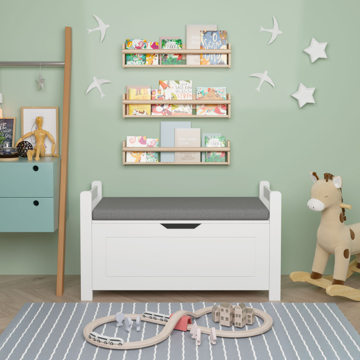 Kids Toy Box Chest Storage Cabinet With Cushion Seat Bench Flip Top Lid Safety Hinge - White